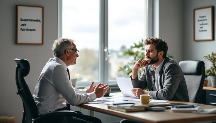 Lohnabrechnung: In einem Büro spricht ein Arbeitgeber mit einem krankgeschriebenen Mitarbeiter über die Lohnfortzahlung im Krankheitsfall. Der Dialog beinhaltet Themen wie die Ansprüche des Arbeitnehmers auf Entgeltfortzahlung und die Regelungen zur Arbeitsunfähigkeit.