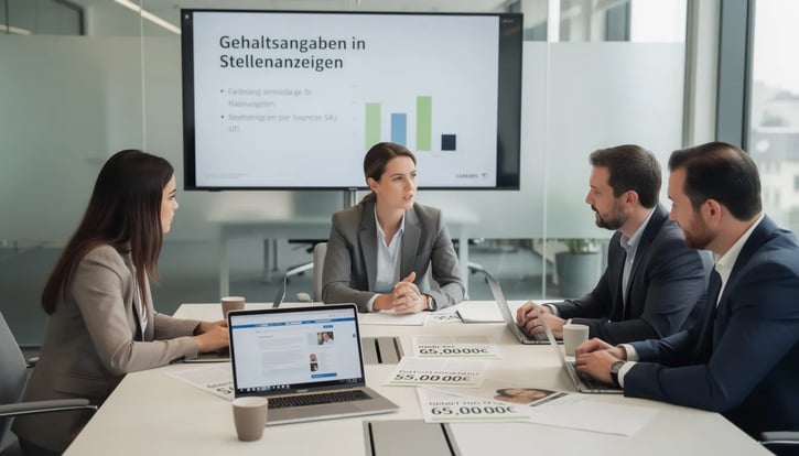 Das Bild zeigt ein HR-Team, das in einem modernen Büro über Gehaltsangaben in Stellenanzeigen diskutiert. Die Mitarbeitenden tauschen sich über die Pflicht zur Lohntransparenz und die Auswirkungen der Entgelttransparenzrichtlinie auf die Recruiting-Prozesse des Unternehmens aus.