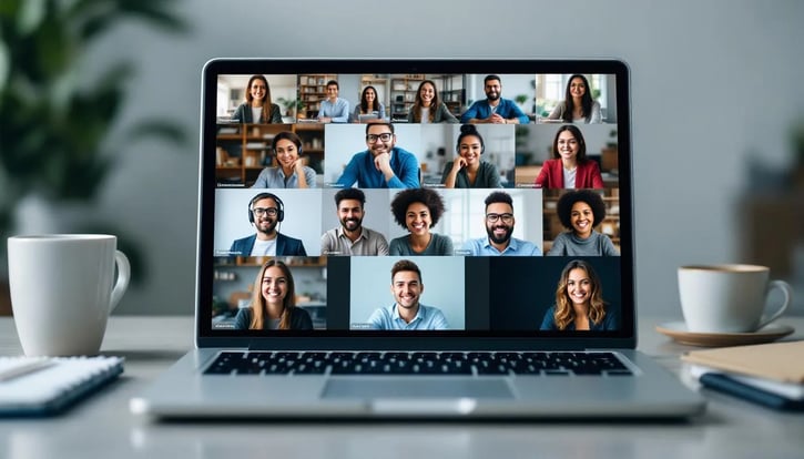 In der Abbildung sieht man ein Laptop-Display, auf dem ein virtuelles Team-Meeting mit internationalen Kollegen stattfindet, was ein Beispiel für globale Remote-Zusammenarbeit darstellt. Die Teilnehmer sind durch Videoanrufe verbunden, was die Flexibilität und den Trend des ortsunabhängigen Arbeitens unterstreicht.
