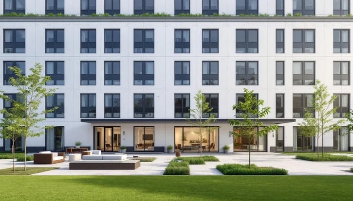 Werkmietwohnungen: Die Außenansicht eines modernen Mehrfamilienhauses zeigt Dienstwohnungen, die für Mitarbeiter eines Unternehmens vorgesehen sind. Die Architektur ist zeitgemäß und bietet einen attraktiven Wohnraum für Arbeitnehmer im Rahmen ihres Arbeitsverhältnisses.