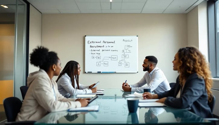 Personal: In einem Teammeeting zur Planung der externen Personalbeschaffung diskutieren Mitarbeiter und Personalverantwortliche Strategien zur effektiven Rekrutierung neuer Fachkräfte und die Herausforderungen des Personalbeschaffungsprozesses. Auf dem Tisch liegen Notizen und Laptops, während die Teammitglieder Ideen austauschen, um die Stellenbesetzung in ihrem Unternehmen zu optimieren.