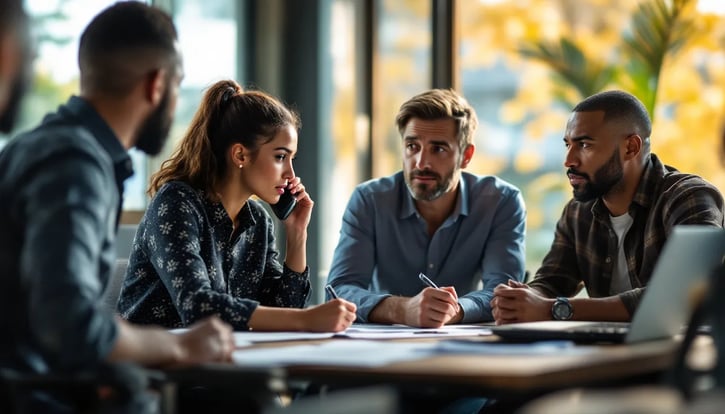 . Ein HR-Team bespricht einen Fall zur Kündigung während der Elternzeit am Laptop, wobei sie über die rechtlichen Rahmenbedingungen und den besonderen Kündigungsschutz für Arbeitnehmende diskutieren. Die Atmosphäre ist konzentriert, während sie Informationen über die Kündigung durch den Arbeitgeber und die relevanten Gesetze austauschen. .
