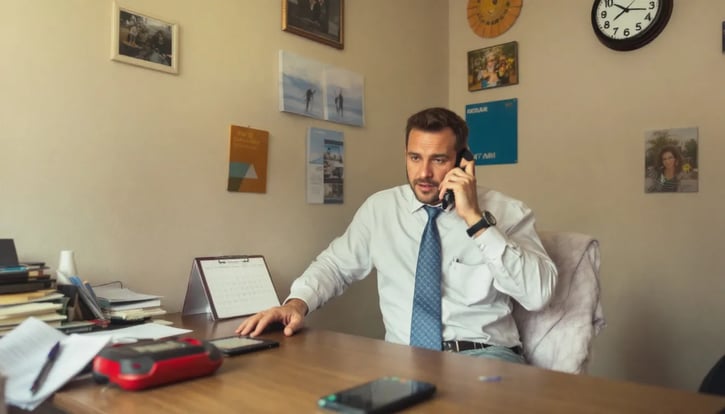 Ein Arbeitnehmer telefoniert, um eine Krankmeldung beim Arbeitgeber einzureichen, während er sich über seine Krankheit und die voraussichtliche Dauer der Arbeitsunfähigkeit informiert. Im Hintergrund sind Unterlagen zu sehen, die für die Krankschreibung benötigt werden.
