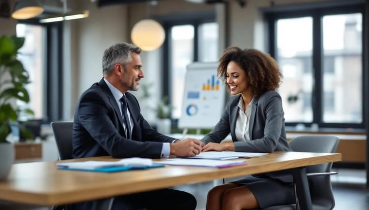 In dem Bild sind ein Chef und ein Mitarbeiter zu sehen, die in einem Jahresgespräch miteinander sprechen. Beide Seiten sind engagiert im Austausch über Ziele, Entwicklungen und Feedback, was die Zusammenarbeit im Unternehmen fördert.