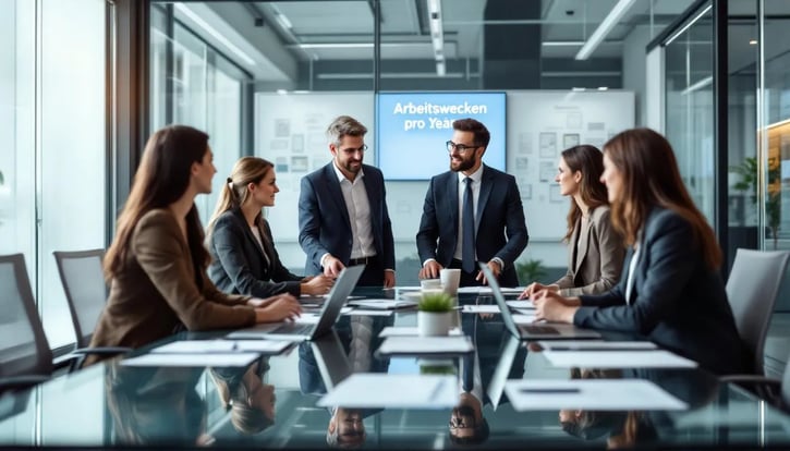 In einem modernen Büro diskutieren mehrere Mitarbeiter angeregt über Arbeitszeiten und die Berechnung der Jahresarbeitszeit. Sie betrachten verschiedene Arbeitszeitmodelle, um die optimale Work-Life-Balance für die 40-Stunden-Woche zu finden.