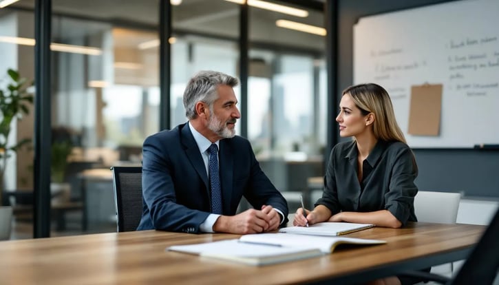 In einem Büro findet ein Probezeitgespräch zwischen einem Arbeitgeber und einem Mitarbeitenden statt, bei dem sie über die Erwartungen, Rückmeldungen und die zukünftige Zusammenarbeit sprechen. Der Raum ist freundlich gestaltet und spiegelt eine professionelle Atmosphäre wider, die für den Onboarding Prozess wichtig ist.