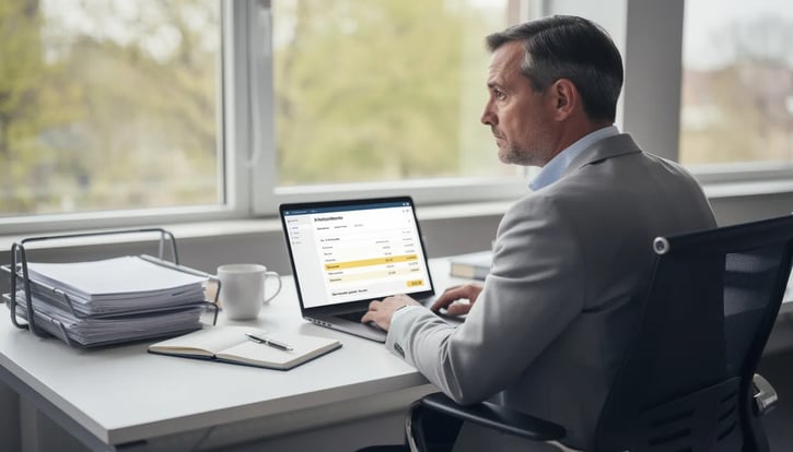 Ein HR-Manager sitzt in einem Büro und prüft am Laptop das Arbeitszeitkonto, während er sich mit dem Thema Überstunden im Frühjahr beschäftigt. Auf dem Bildschirm sind Informationen zu Überstundenregelungen und der Vergütung von Überstunden zu sehen.