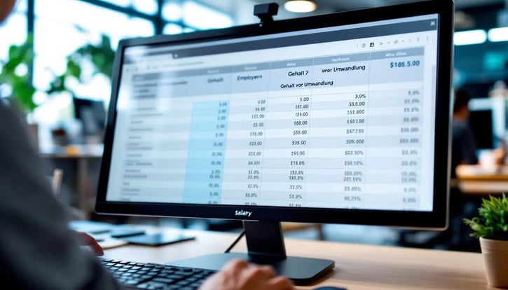 Im Personalbüro ist ein Monitor zu sehen, auf dem Informationen zur Entgeltumwandlung angezeigt werden. Die Darstellung umfasst wichtige Aspekte wie Altersvorsorge, steuerliche Vorteile und die Möglichkeiten für Arbeitnehmer, um ihre Beiträge zur betrieblichen Altersversorgung zu optimieren.