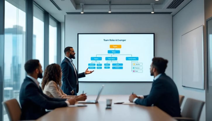 In einem Konferenzraum präsentiert ein Arbeitgeber die verschiedenen Teamrollen nach Belbin, während Teammitglieder aufmerksam zuhören und Notizen machen. Die Präsentation vermittelt Informationen über die Stärken und Schwächen der neun Teamrollen, die zur Verbesserung der Teamarbeit und Rollenverteilung in Projekten beitragen können.