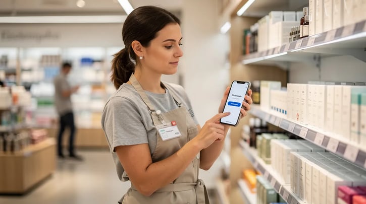 Eine Mitarbeiterin im Einzelhandel stempelt sich mit einer App auf ihrem Smartphone in ihre Schicht ein. Diese mobile Zeiterfassung ermöglicht es ihr, ihre Arbeitszeiten effizient zu verwalten und bietet einen Überblick über ihre Schichten und Überstunden.