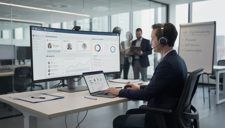 Ein HR-Manager arbeitet digital an seinem Arbeitsplatz, um HR-Prozesse effizient zu gestalten. Dabei nutzt er moderne Technologien und HR-Software, um die Personalverwaltung und das Recruiting zu optimieren und den Herausforderungen der digitalen Transformation im Unternehmen zu begegnen.