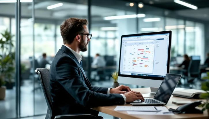 Das Bild zeigt einen Arbeitgeber, der einen Schichtplan für den Achtstundentag erstellt. Auf dem Tisch liegen Notizen und ein Laptop, während im Hintergrund Arbeiter zu sehen sind, die sich auf ihre täglichen Arbeitszeiten vorbereiten.