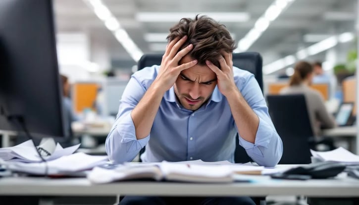 Ein Mitarbeiter hält sich mit einer Hand am Kopf, was Überlastung am Arbeitsplatz symbolisiert. Diese Darstellung spiegelt das Gefühl von Stress und Druck wider, das viele Arbeitnehmer aufgrund von hoher Arbeitslast und Überstunden empfinden.