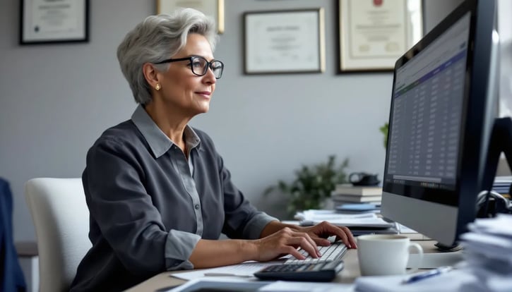 In der Abbildung analysiert ein HR Payroll Manager Gehaltsdaten auf einem Computer, um die Effizienz der Lohn- und Gehaltsabrechnung in einem Unternehmen zu verbessern. Umgeben von Diagrammen und Tabellen, demonstriert der Payroll Specialist seine Expertise in der Entgeltabrechnung und den relevanten HR Prozessen.