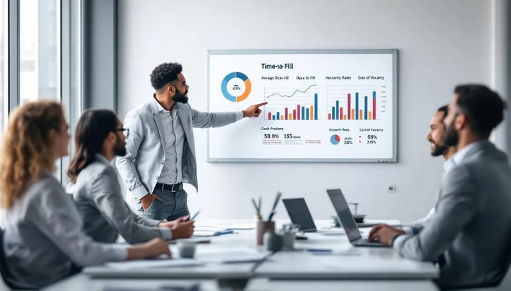 Team diskutiert Strategien zur Optimierung der Time-to-Fill – Fokus auf Key Performance Indicators, Besetzung und Cost of Vacancy
