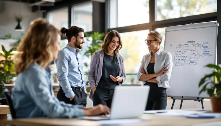 In der Abbildung wird die Flexibilität und Transparenz in der Schichtplanung für Mitarbeiter und Personal veranschaulicht, wobei verschiedene Schichtmodelle und deren Einfluss auf den Arbeitsalltag diskutiert werden. Die Grafik zeigt Mitarbeiter, die aktiv an der Gestaltung ihrer Schichtpläne teilnehmen, um individuelle Wünsche und Bedürfnisse zu berücksichtigen.