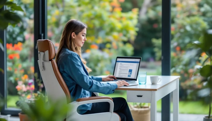 In der Abbildung ist eine Mitarbeiterin zu sehen, die an einem Laptop in einer ergonomischen Homeoffice-Einrichtung arbeitet. Die Umgebung ist modern und fördert die Produktivität im Homeoffice, während sie sich auf ihre Büroarbeit konzentriert.