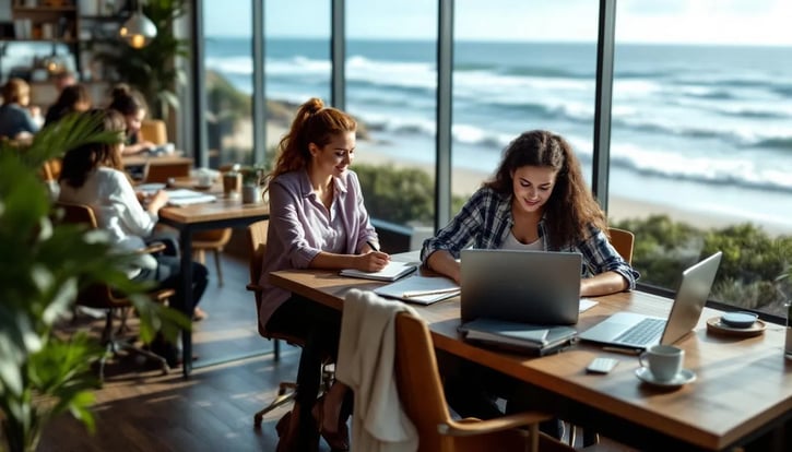 In der Bildbeschreibung sehen wir Arbeitnehmer, die während einer Workation in einem modernen Coworking Space am Meer arbeiten. Die entspannte Atmosphäre und der Blick auf das Wasser fördern die Work-Life-Balance und ermöglichen eine produktive Zusammenarbeit im Team.