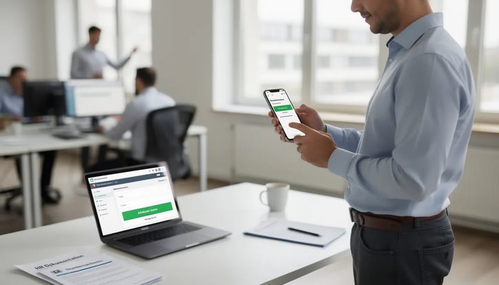 Ein Mitarbeiter nutzt eine mobile App zur Zeiterfassung auf seinem Smartphone im Büro, um seine Arbeitszeiten für die HR-Dokumentation zu stempeln. Die Anwendung ermöglicht eine effiziente Arbeitszeiterfassung und unterstützt das Unternehmen bei der Verwaltung von Arbeitsstunden und Projekten.