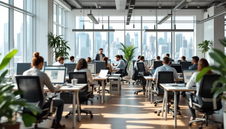 In einem modernen Büro arbeiten Mitarbeitende während einer Vier-Tage-Woche, was eine bessere Work-Life-Balance fördert. Die Atmosphäre ist produktiv, während die Mitarbeiter an ihren Schreibtischen sitzen und an Projekten arbeiten, die die Vorteile dieses neuen Arbeitszeitmodells verdeutlichen.
