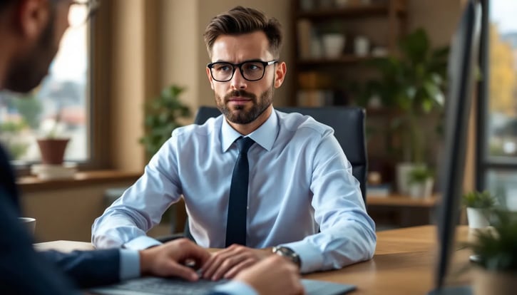 In der Abbildung ist ein Büroangestellter zu sehen, der einen online Gehaltsrechner nutzt, um sein Monatsgehalt zu berechnen. Verschiedene Felder wie Bruttoeinkommen, Steuerklasse und Arbeitsstunden sind auf dem Bildschirm sichtbar, während der Nutzer die Eingaben überprüft, um sein Nettogehalt zu ermitteln.
