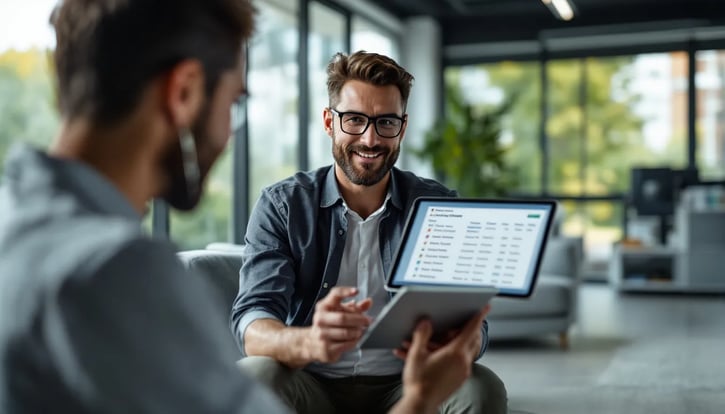 In dem Bild ist ein Arbeitgeber zu sehen, der die Arbeitszeiten seiner Mitarbeitenden in einer digitalen Zeiterfassung überprüft. Die Szene verdeutlicht die Pflicht zur Arbeitszeiterfassung gemäß den Vorgaben des Arbeitszeitgesetzes und zeigt den Fokus auf die Einhaltung der gesetzlichen Regelungen zur Dauer der täglichen Arbeitszeit.
