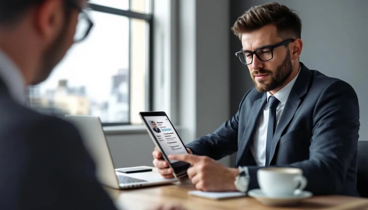 In einem modernen Büro überprüft ein Arbeitgeber einen Lebenslauf auf einem Tablet, während er sich auf die Bewertung von Bewerbern konzentriert. Die Situation deutet auf ein Gespräch hin, in dem geschlossene Fragen und offene Fragen zur Entscheidungsfindung verwendet werden wie Ja Nein Frage sowie die W-Fragen.