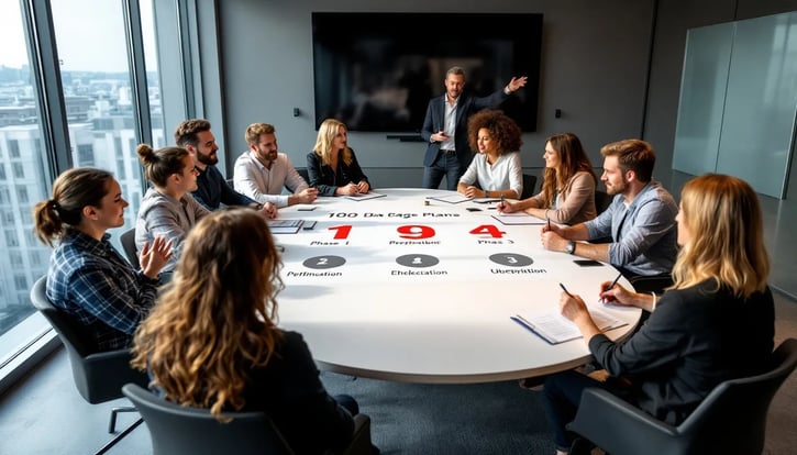In einem Konferenzraum diskutieren Führungskräfte und Mitarbeiter die Phasen des 100 Tage Plans, wobei sie Ziele, Herausforderungen und Aufgaben für die ersten 100 Tage als Führungskraft besprechen. Die Atmosphäre ist konzentriert, während die Teilnehmer Notizen machen und Fragen stellen, um sich auf ihre neuen Führungsrollen vorzubereiten.