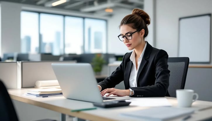Eine Mitarbeiterin sitzt an ihrem Schreibtisch und arbeitet konzentriert an der Lohnabrechnung, wobei sie die allgemeinen Gewinnermittlungsvorschriften des Einkommensteuerrechts und das Sozialversicherungsrecht berücksichtigt. Auf ihrem Bildschirm sind Tabellen und Formulare zu sehen, die die Grundlage für die Berechnung der Einkünfte aus der selbstständigen Tätigkeit darstellen.