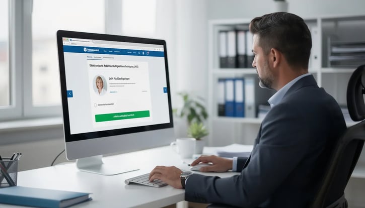 Ein HR-Mitarbeiter sitzt an seinem Schreibtisch im Büro und ruft digital eine elektronische Arbeitsunfähigkeitsbescheinigung (eAU) für einen erkrankten Mitarbeiter ab. Der Bildschirm zeigt Informationen zur Krankmeldung und zum Verfahren der Übermittlung an die Krankenkasse.