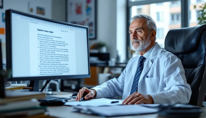 In der Abbildung sieht man einen Arzt, der eine digitale Krankschreibung per E-Mail an einen Arbeitgeber sendet, um die Arbeitsunfähigkeit eines Patienten zu bestätigen. Diese Online-Krankschreibung erleichtert den Prozess für Arbeitnehmerinnen und Arbeitnehmer während eines Krankheitsfalls.