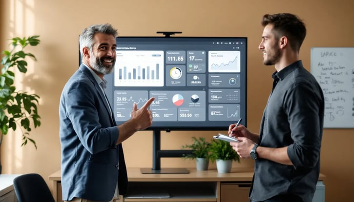Wen sind Arbeitszeitkonten sinnvoll: Ein Arbeitgeber zeigt auf einen Monitor, der das Arbeitszeitkonto-Dashboard anzeigt, während er einem Mitarbeiter die Details erklärt.
