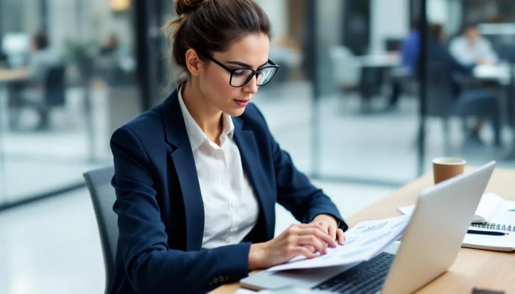 Eine HR-Managerin sitzt an einem Schreibtisch und analysiert die Personalkosten im Verhältnis zum Umsatz ihres Unternehmens. Auf dem Bildschirm sind Diagramme und Kennzahlen zu sehen, die den Anteil der Personalkosten und deren Einfluss auf die Produktivität im Betrieb darstellen.