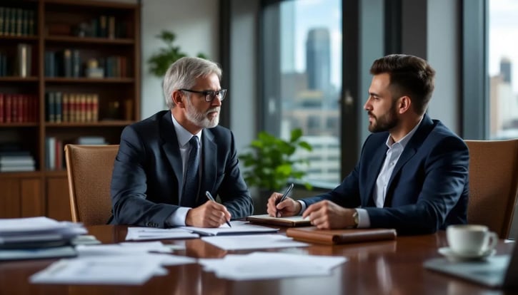 In einem Beratungsgespräch zum Thema Überstundenzuschläge sitzen ein Arbeitgeber und ein Arbeitnehmer an einem Tisch, während sie Informationen über die Regelungen zur Anordnung von Überstunden und die entsprechenden Vergütungen besprechen. Der Fokus liegt auf den Ansprüchen der Angestellten im Rahmen des Arbeitsrechts, insbesondere bei Überschreitungen der regulären Arbeitszeit von 40 Stunden pro Woche.