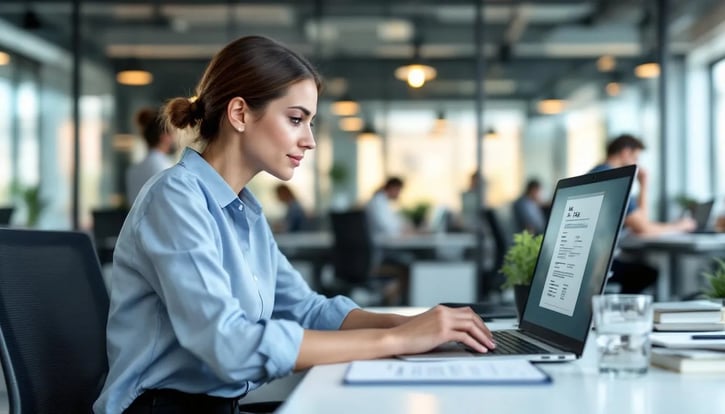 Eine Mitarbeitende sitzt an einem Computer und füllt einen Antrag zur elektronischen Lohnsteuerkarte aus, wobei sie Informationen zu Lohnsteuerabzugsmerkmalen und persönlichen Daten eingibt. Auf dem Bildschirm sind Formulare sichtbar, die für die Berechnung der Lohnsteuer und die Übermittlung an das Finanzamt erforderlich sind.