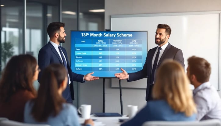 Ein Arbeitgeber zeigt ein Diagramm, das das Schema des 13. Monatsgehalts veranschaulicht, welches als Sonderzahlung für Arbeitnehmer dient. Die Grafik umfasst Informationen über die Höhe und den Anspruch auf das 13. Monatsgehalt, das oft im November oder Dezember ausgezahlt wird.