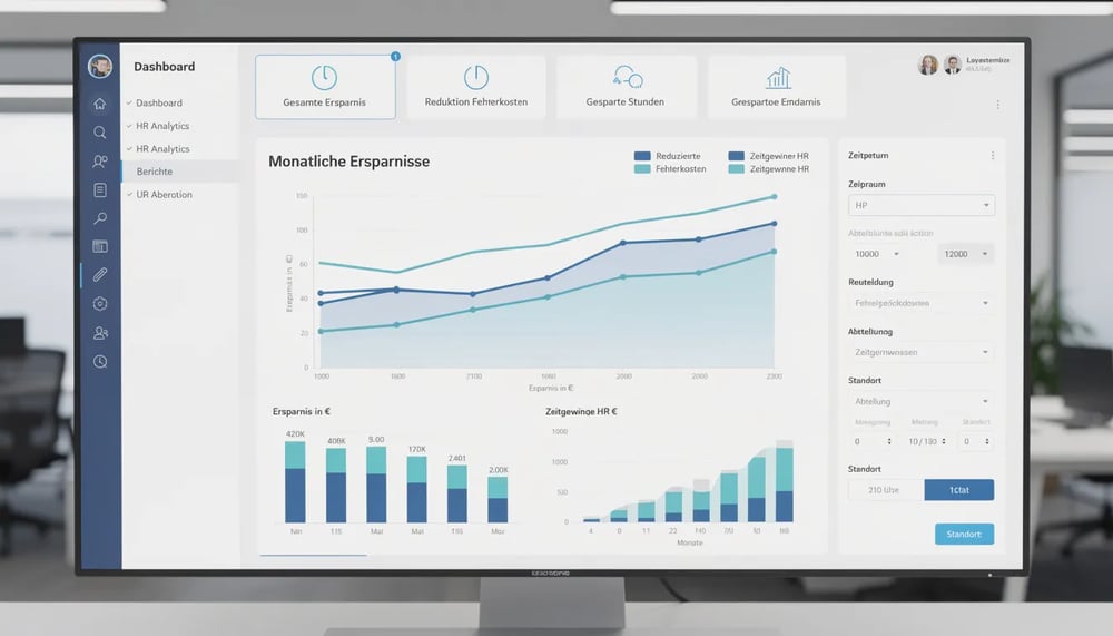 Das interaktive Dashboard visualisiert die monatlichen Ersparnisse eines Unternehmens durch reduzierte Fehlerkosten und Zeitgewinne in der HR-Abteilung, wobei die Vorteile der digitalen Zeiterfassung deutlich werden. Es zeigt eine Übersicht über die erreichten Einsparungen und die Effizienzsteigerung der Mitarbeitenden.