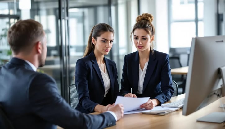 In der Abbildung bespricht eine Mitarbeiterin mit ihrem Chef den Antrag auf Brückenteilzeit, während sie die Regelungen des Arbeitsrechts und die Voraussetzungen für die Teilzeitarbeit erläutern. Beide scheinen in einem Büroumfeld zu sein, was auf die betrieblichen Gründe und den rechtlichen Rahmen für die Reduzierung der Arbeitszeit hinweist.