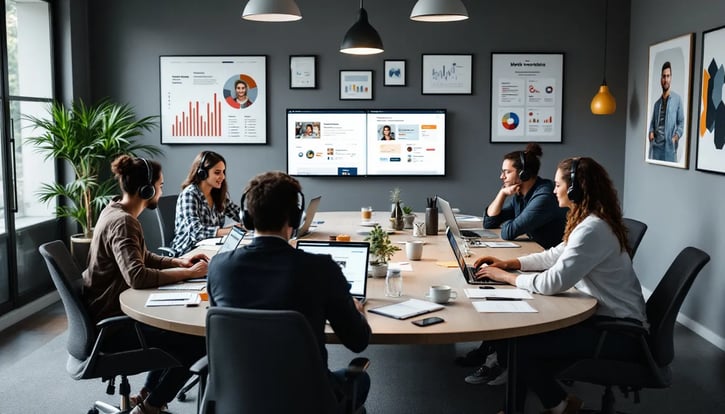 Rekrutierungsprozess optimieren: In einem modernen Büro arbeiten mehrere Recruiter an einem Tisch, während sie ein Bewerbermanagementsystem nutzen. Auf dem Bildschirm sind Bewerbungen und Stellenanzeigen sichtbar, während das Team Strategien zur Suche nach den besten Talenten für das Unternehmen bespricht.