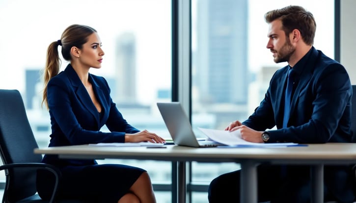 Eine Arbeitgeberin sitzt mit einem Arbeitnehmer zusammen und führt ein Gespräch über die Gehaltsverhandlung, in dem es um Geld und die Möglichkeit einer Gehaltserhöhung geht. Beide diskutieren Argumente und Optionen für ein höheres Gehalt, während sie sich auf die Zusammenarbeit im Unternehmen konzentrieren.