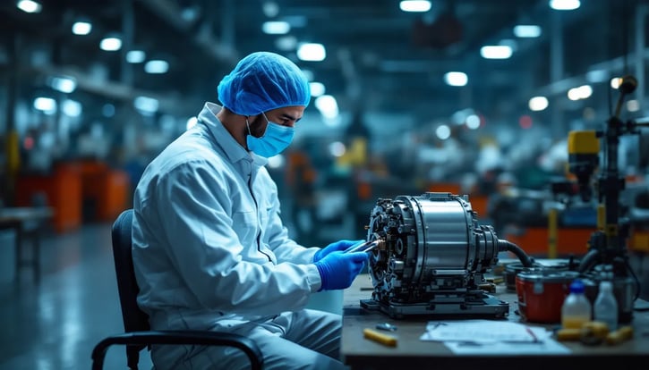 Reihe - In der Produktionsumgebung ist ein müder Mitarbeitender während seiner Nachtschicht zu sehen, der erschöpft aussieht und auf einer Maschine sitzt. Die Szene vermittelt die Herausforderungen der Schichtarbeit und die Auswirkungen auf den Körper, während die Uhr die späte Stunde anzeigt.