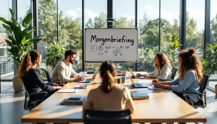 In einem modernen Büro arbeiten engagierte Mitarbeiter in Teams zusammen, um ein positives Arbeitsumfeld zu schaffen, das die Mitarbeiterzufriedenheit und den Unternehmenserfolg fördert. Die Szene zeigt Führungskräfte, die mit ihren Teams kommunizieren, um das Engagement der Mitarbeiter zu stärken und die Produktivität zu steigern.