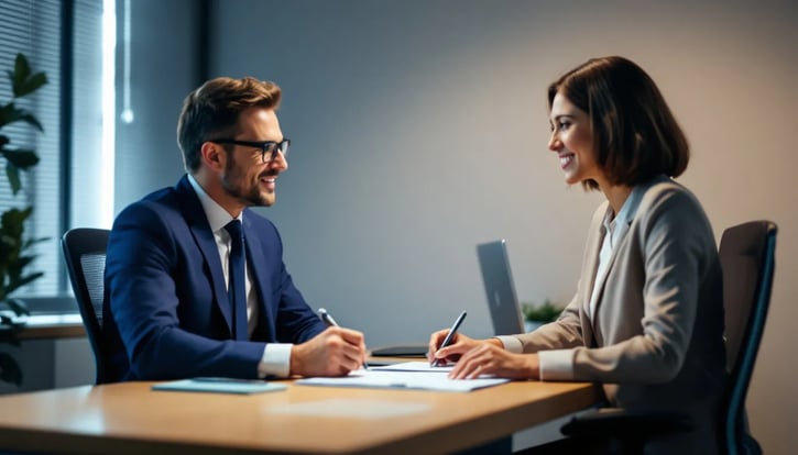 In einem Büro sitzt ein Arbeitgeber an einem Tisch und unterschreibt einen Aufhebungsvertrag, was die Beendigung des Arbeitsverhältnisses zwischen Arbeitgeber und Arbeitnehmer symbolisiert. Der Vertrag regelt die Bedingungen der Aufhebung, einschließlich möglicher Abfindungen und Ansprüche auf Arbeitslosengeld.
