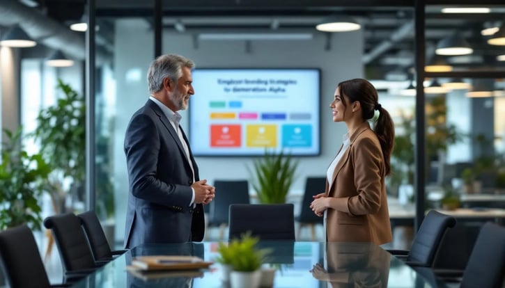 Mehrere Generationen im modernen Büro: Ein Babyboomer diskutiert mit einer Gen Y-Mitarbeiterin, während im Hintergrund ein Arbeitgeber Employer-Branding-Strategien für die Generation Alpha plant – Symbolbild für den wandelnden Arbeitsmarkt.