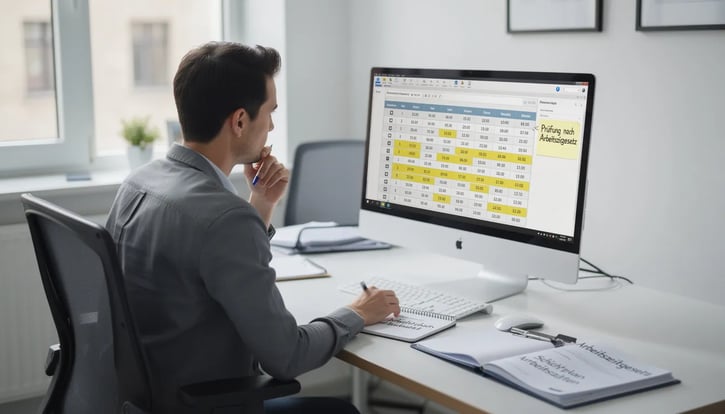 Ein HR-Manager überprüft am Büro-PC den Schichtplan, um sicherzustellen, dass die Doppelschicht den Vorgaben des Arbeitszeitgesetzes entspricht. Auf dem Bildschirm sind verschiedene farbige Felder zu sehen, die die Arbeitszeiten und Namen der Mitarbeiter darstellen.
