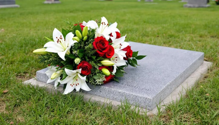 Rechtlicher Anspruch auf Hinterbliebenengeld: Blumen auf Friedhofsgrab, umgeben von sanftem Grün und anderen Gräbern. Die Blumen symbolisieren Trost und Erinnerung an die verstorbenen Personen in dieser ruhigen Umgebung.
