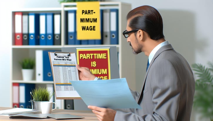 Arbeitgeber prüft Teilzeit-Mindestlohntabellen im Büro