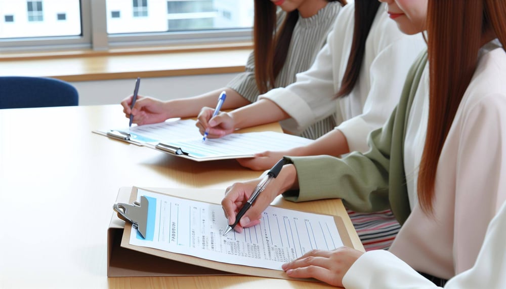 Büroangestellte füllen einen Papierfragebogen für eine Mitarbeiterbefragung aus