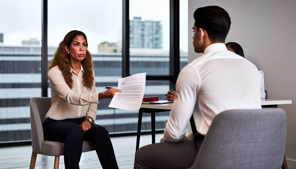 Besprechung zwischen Arbeitgeber und Arbeitnehmer, bei der eine Abmahnung wegen Fehlverhaltens am Arbeitsplatz übergeben wird, um auf die Notwendigkei