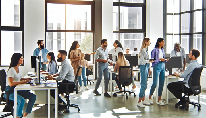 Happy employees working together in the office symbolising belonging in the workplace